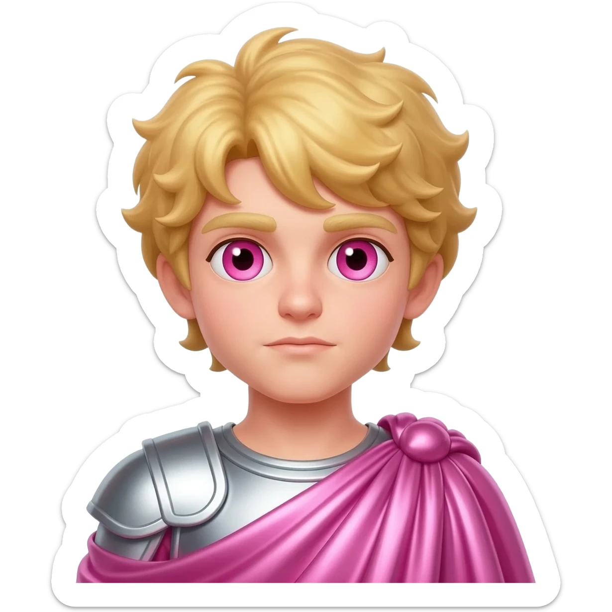 Cupid from Roman Mythology with rose-pink eyes, blonde hair, pink metallic cloak sticker