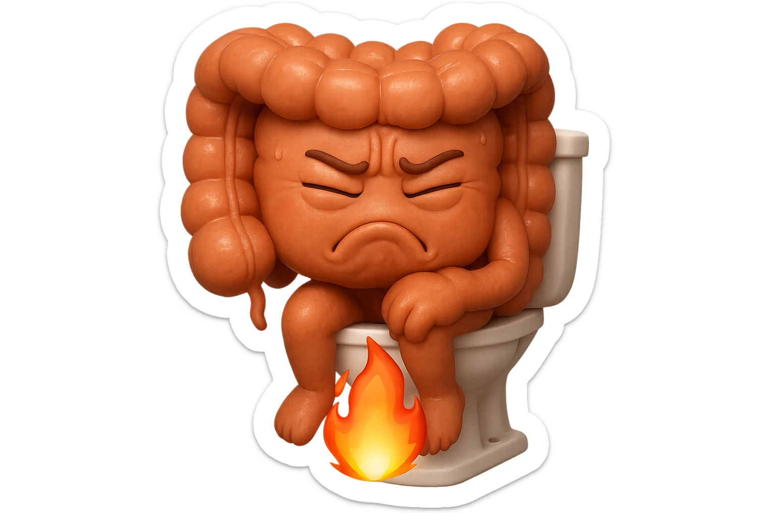 SU QUESTO STILE FAI UN EMOJI STILE IPHONE 3D DI UN INTESTINO CHE sta seduto sul wc e dal wc in mezzo alle sue gambe esce una fiamma stile emoji iphone, FAGLI UN ESPRESSIONE di dolore mentre si sforza E FALLO MOLTO REALISTICO IN 3D sticker