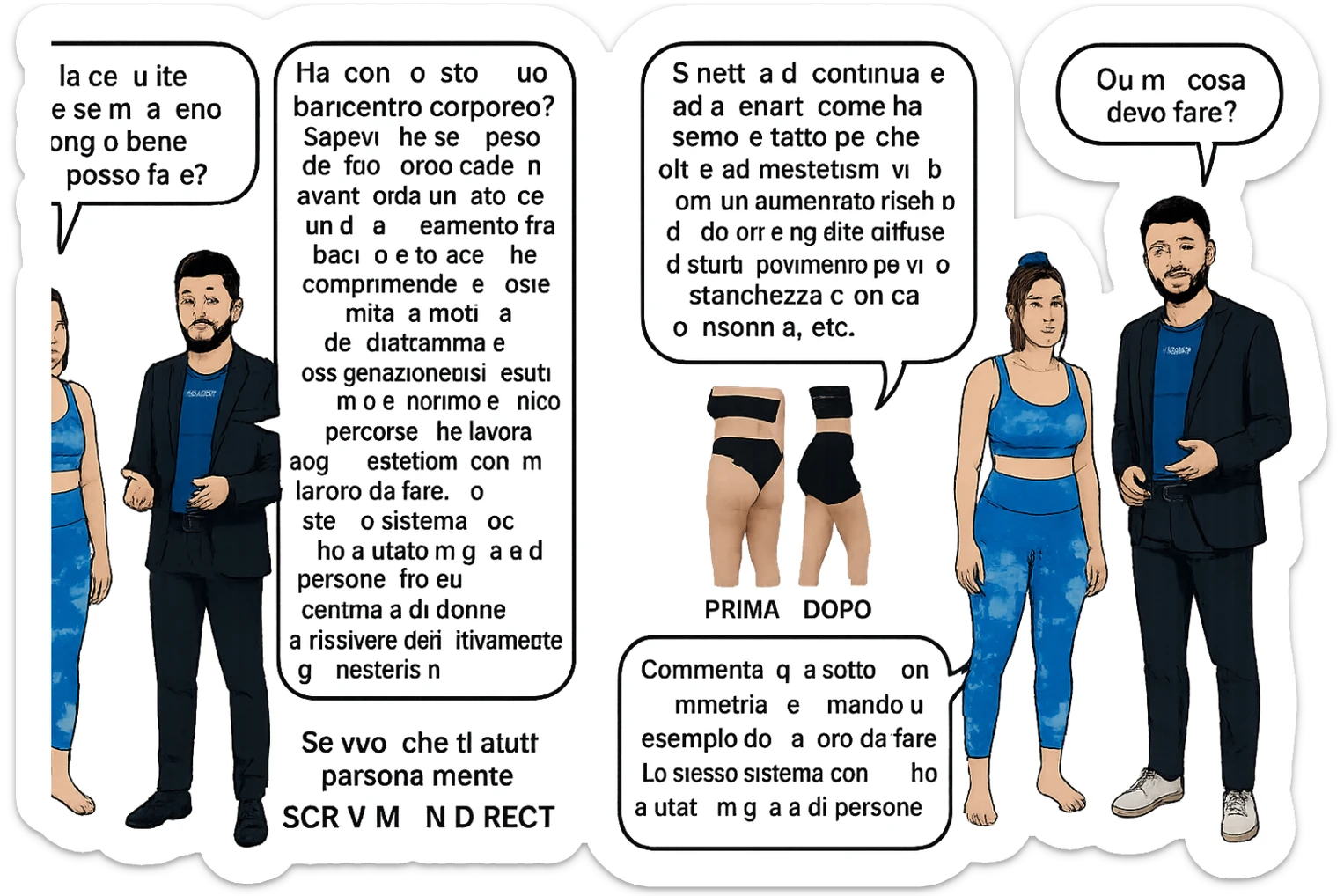 TRASFORMA QUESTO CAROSELLO IN UN FUMETTO CON QUESTE DUE PERSONE IDENTICHE CHE INTERLOQUISCONO TRA LORO:

Ho la cellulite anche se mi alleno e mangio bene, cosa posso fare?

Hai controllato il tuo baricentro corporeo?
Sapevi che se il peso del tuo corpo cade in avanti o da un lato, c’è un disallineamento fra bacino e torace, che comprimendo le coste, limita la motilità del diaframma e l’ossigenazione dei tessuti?
Il mio è il primo e unico percorso che lavora sugli inestetismi con un lavoro mirato sul baricentro corporeo.

Smettila di continuare ad allenarti come hai sempre fatto perché, oltre ad inestetismi visibili, corri un aumentato rischio di:
    • dolori e rigidità diffuse
    • disturbi pavimento pelvico
    • stanchezza cronica o insonnia
    • pancia gonfia e reflusso (bruciore)
    • etc…


Quindi cosa devo fare?
Commenta, qua sotto, con “simmetria” e ti mando un esempio del lavoro da fare. Lo stesso sistema con cui ho aiutato migliaia di persone, fra cui centinaia di donne a risolvere definitivamente gli inestetismi.
Metterei il prima e dopo

Se vuoi che ti aiuti personalmente
SCRIVIMI IN DIRECT sticker