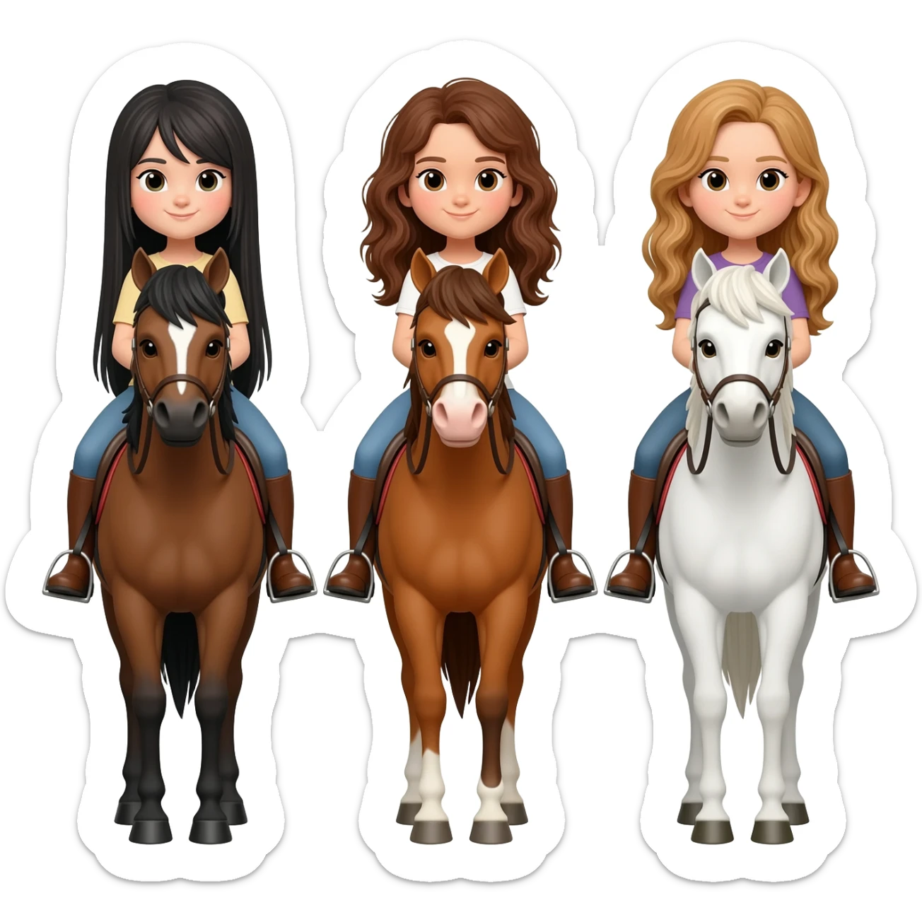 Three horses white bay and sorrel with three riders on the bay horse a girl with dark straight hair on the sorrel horse a girl with wavy brown hair and on the white horse a girl with sandy hair sticker