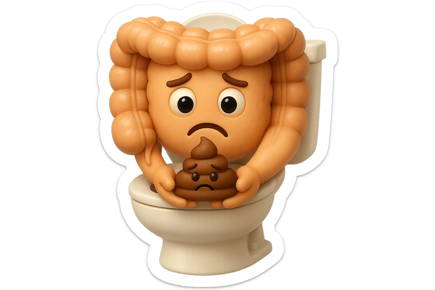 emoji stile iphone di un intestino realistico 3d che esce dal wc con in mano una montagnetta di feci con espressione triste a palline, iperrealistico 4k sticker