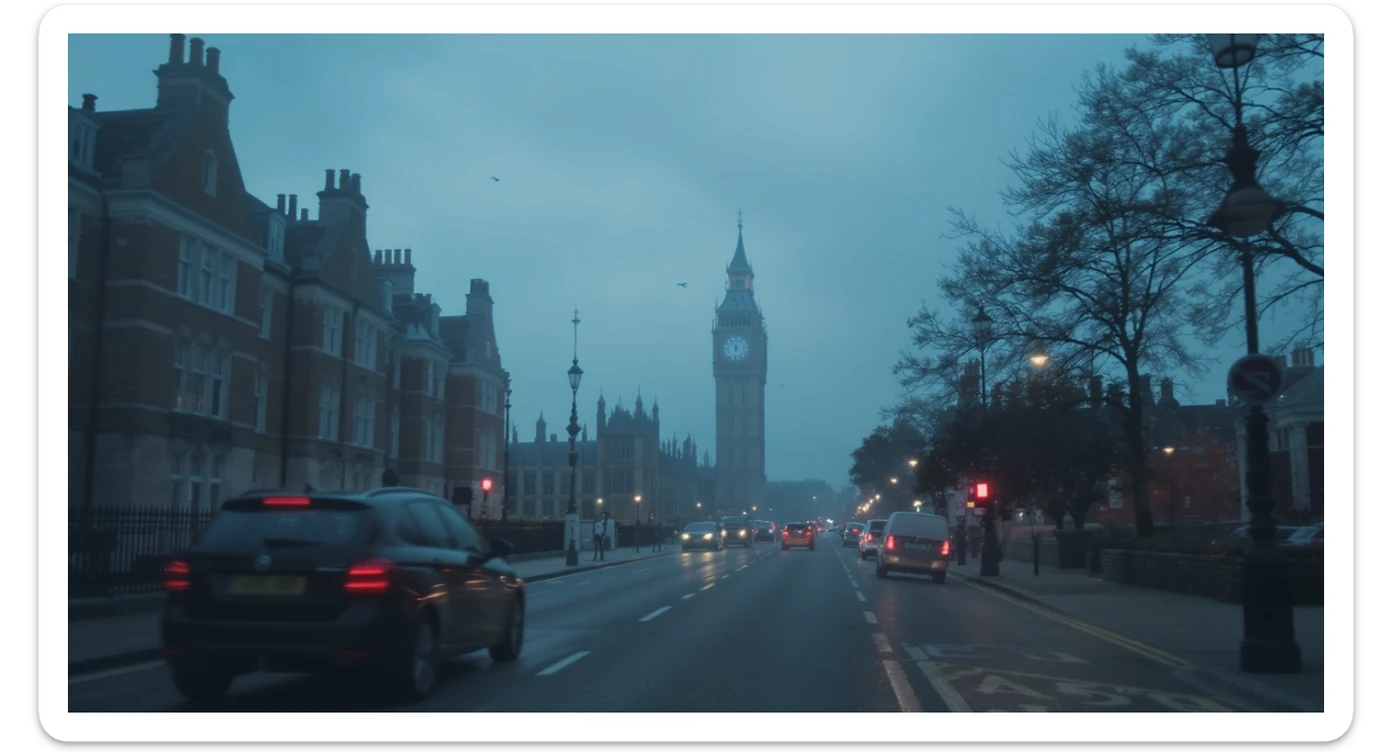 Cinematic shot of a london street, cloudy foggy day, soft light, leading lines to big ben in distance, multi composition, in foreground blurred car, on second street around UK bulding, od another plan in distance big ben, birds flying, artistic look, captured on arri alexa 35, color graded blue hour sticker