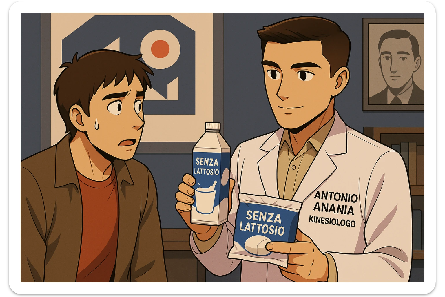 fai un webtoon manga a colori con questo stile, in cui un uomo ASCOLTA Il kinesiologo con il camice bianco (fagli anche la scritta "ANTONIO ANANIA" SUL CAMICE, IL KINESIOLOGO SPIEGA ALL'UOMO UNA MOSTRANDO VARI PRODOTTI DA SUPERMERCATO CONFEZIONATI (TIPO SCATOLA DI LATTE SENZA LATTOSIO, MOZZARELLA SENZA LATTOSIO), OGNI CONFEZIONE HA LA SCRITTA "SENZA LATTOSIO SULL'ETICHETTA. L'UOMO OSSERVA IL KINESIOLOGO CON ESPRESSIONE CONFUSA IN VOLTO. non fare i fumetti però, fai solo in modo che sembri stiano parlando sticker