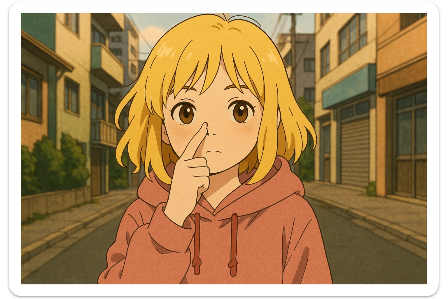 A girl yellow hair brown eyes pink Urban Heavy Loose Fit Hood Sweat touch your nose  sticker