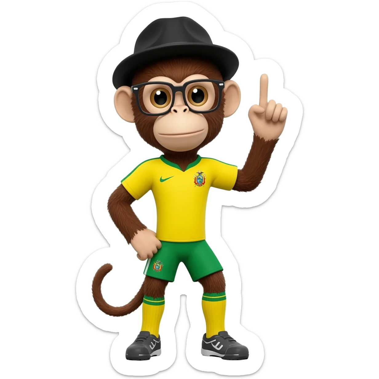 Un mono con gestos humanos con uniforme de la selección de futbol de BOLIVIA con lentes de aumento cuadrados y gorra negra sticker