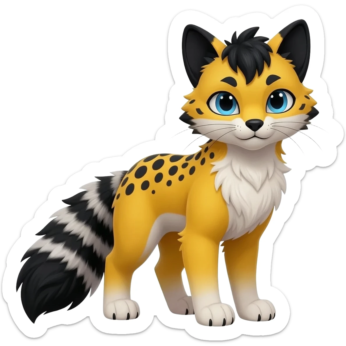Edgy cool beautiful elegant spotted hype-realistic, black-maned, vibrant yellow Genet-Serval-Sergal-Margay-Fox-fusion-hybrid-furry-fursona, black scruffy mane on back, long muzzle snout, full body, with a long puffy fluffy black-and-white-striped tail, black long big ears, with natural blue eyes sticker