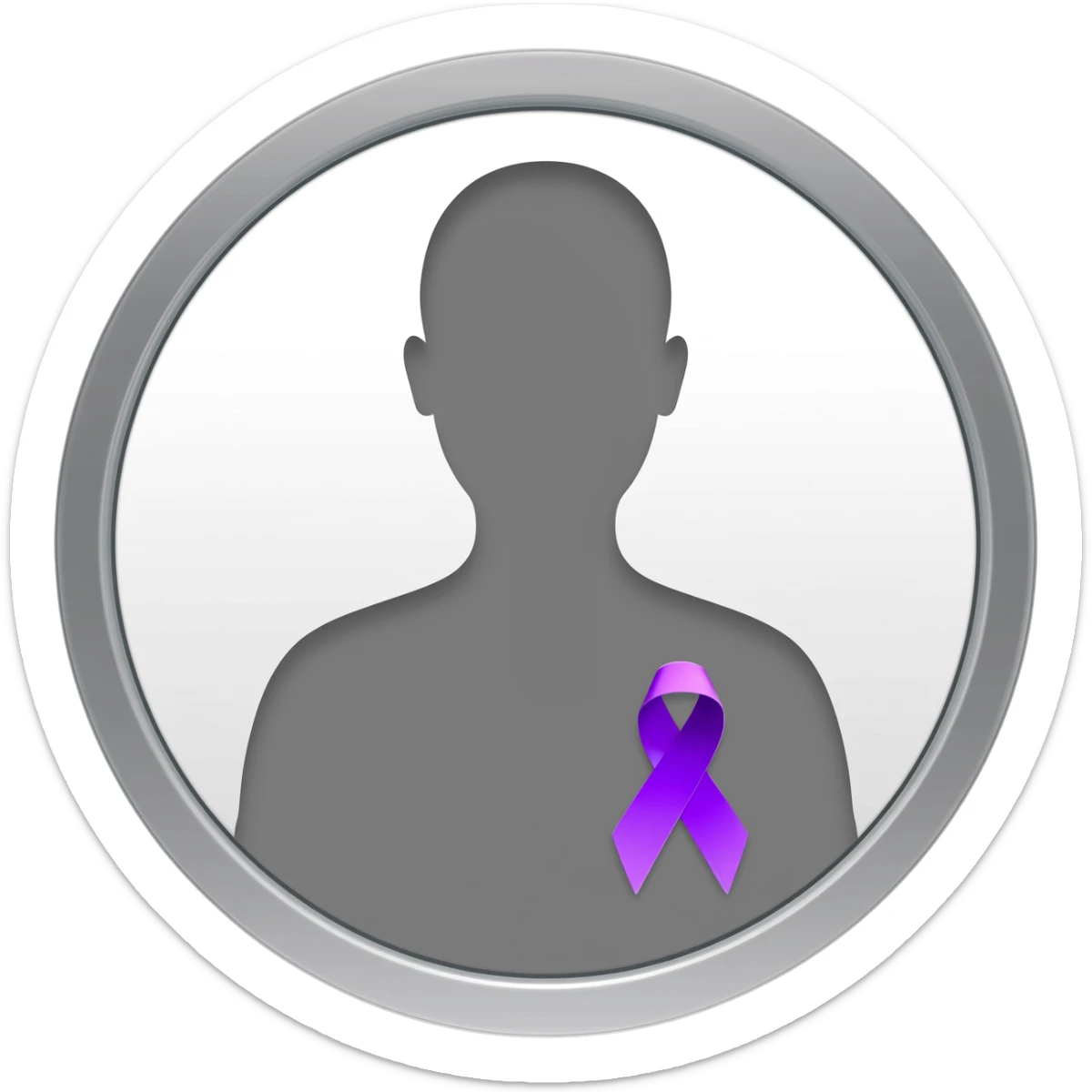Apple iOS–style 3D emoji: round silver mirror, front view. In reflection, neutral silhouette with little violet awareness ribbon (classic looped cause-support ribbon) on chest, only visible in reflection. White background, soft shadow. sticker