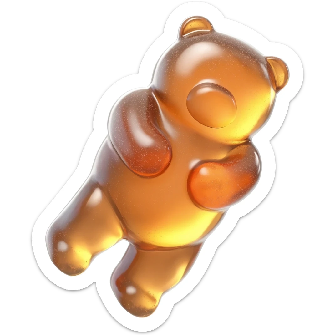 hyper-realistic 3D rendering of a translucent, glistening holographic glitter gummy bear mid-bounce, its plump body captured in dynamic motion as if frozen in time. The candy's surface refracts light like real gelatin, with sticky highlights gleaming along its curved edges and subtle sugar granules  sticker