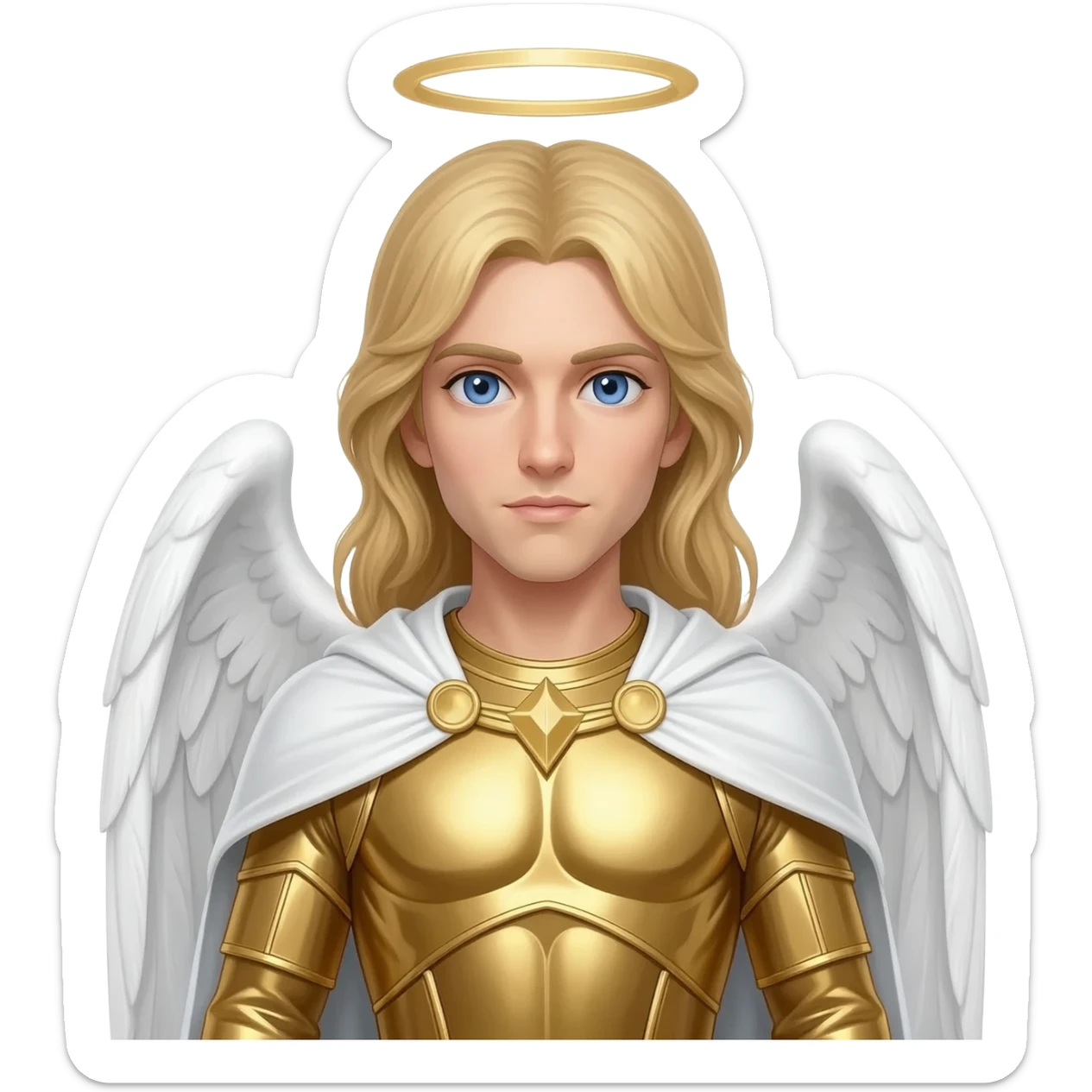 Archangel Michael from Christian Mythology with blue eyes, long blonde hair, gold metallic tunic, white metallic cloak sticker