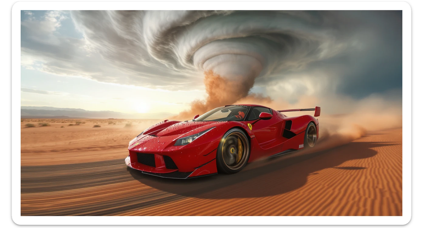 Cinematic still of a ferrari f40 around tornado od arizona desert, sun flare, captured by gopro hero with effect fisheye, water drops on car body, detailed, inspired by interstellar look, captured by a arri alexa sticker