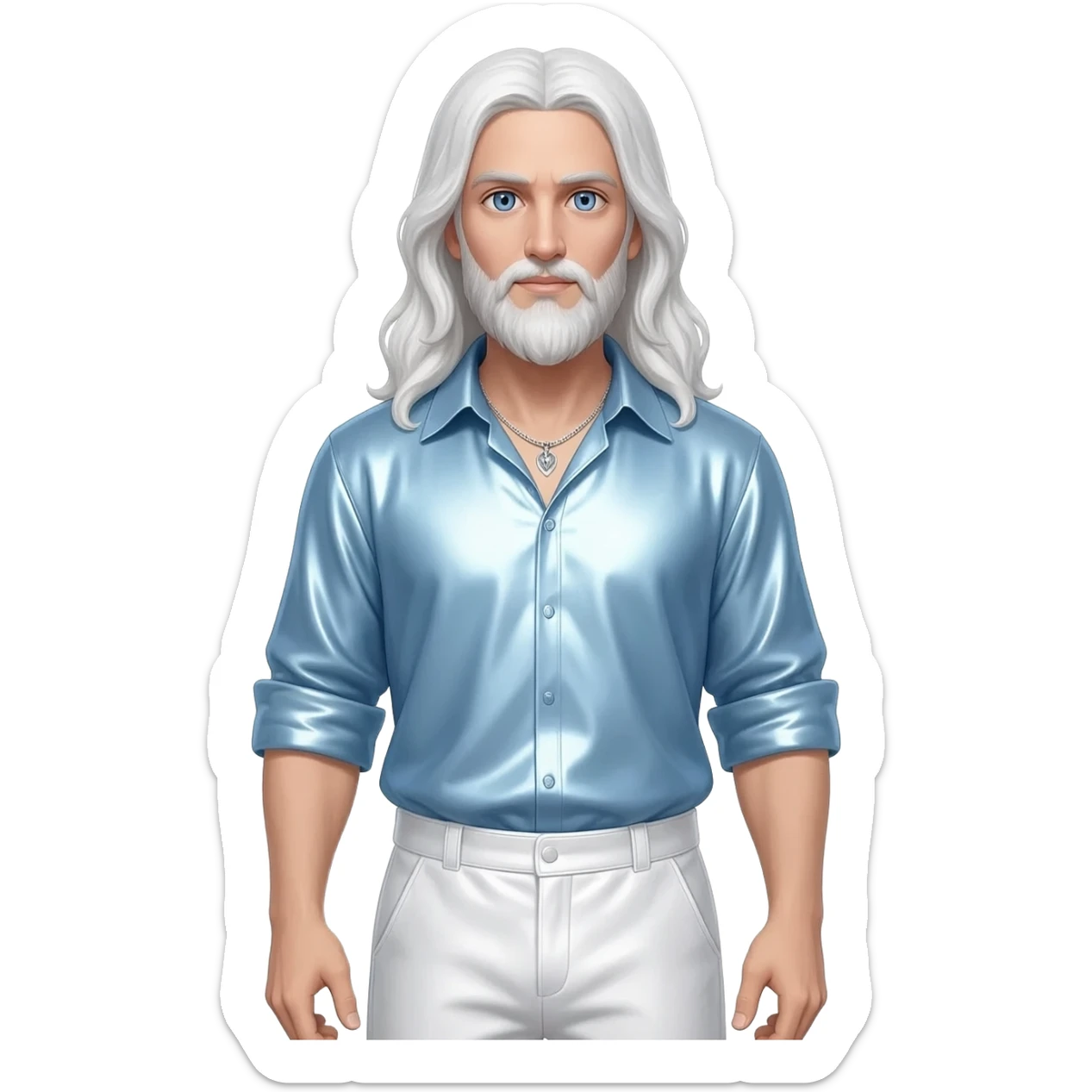 God the Father from Christian Mythology with blue eyes, long white hair, light blue metallic shirt, white metallic baggy pants, silver necklace sticker