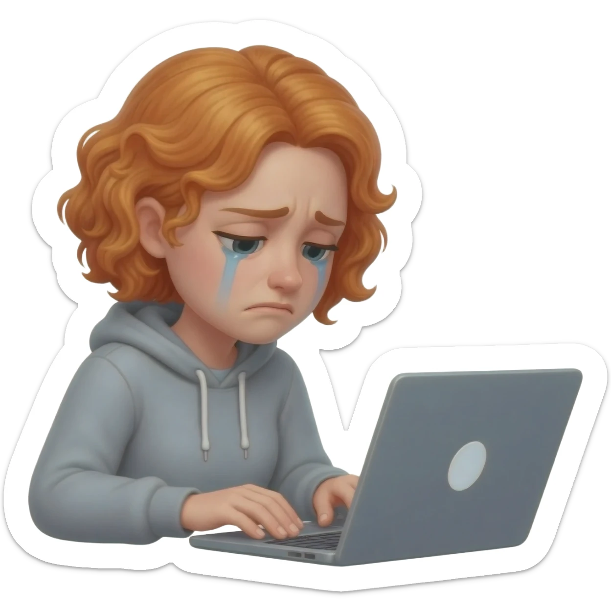 ginger-haired woman looking depressed and frustrated behind a laptop sticker