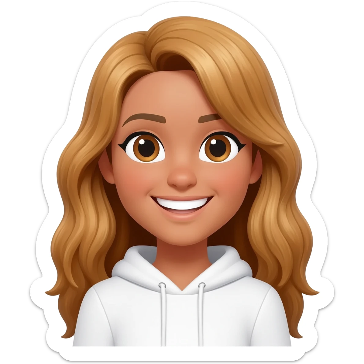 Long, golden-brown hair tied with a bow, wearing a cool white hoodie, honey-colored skin, and a bright smile. sticker