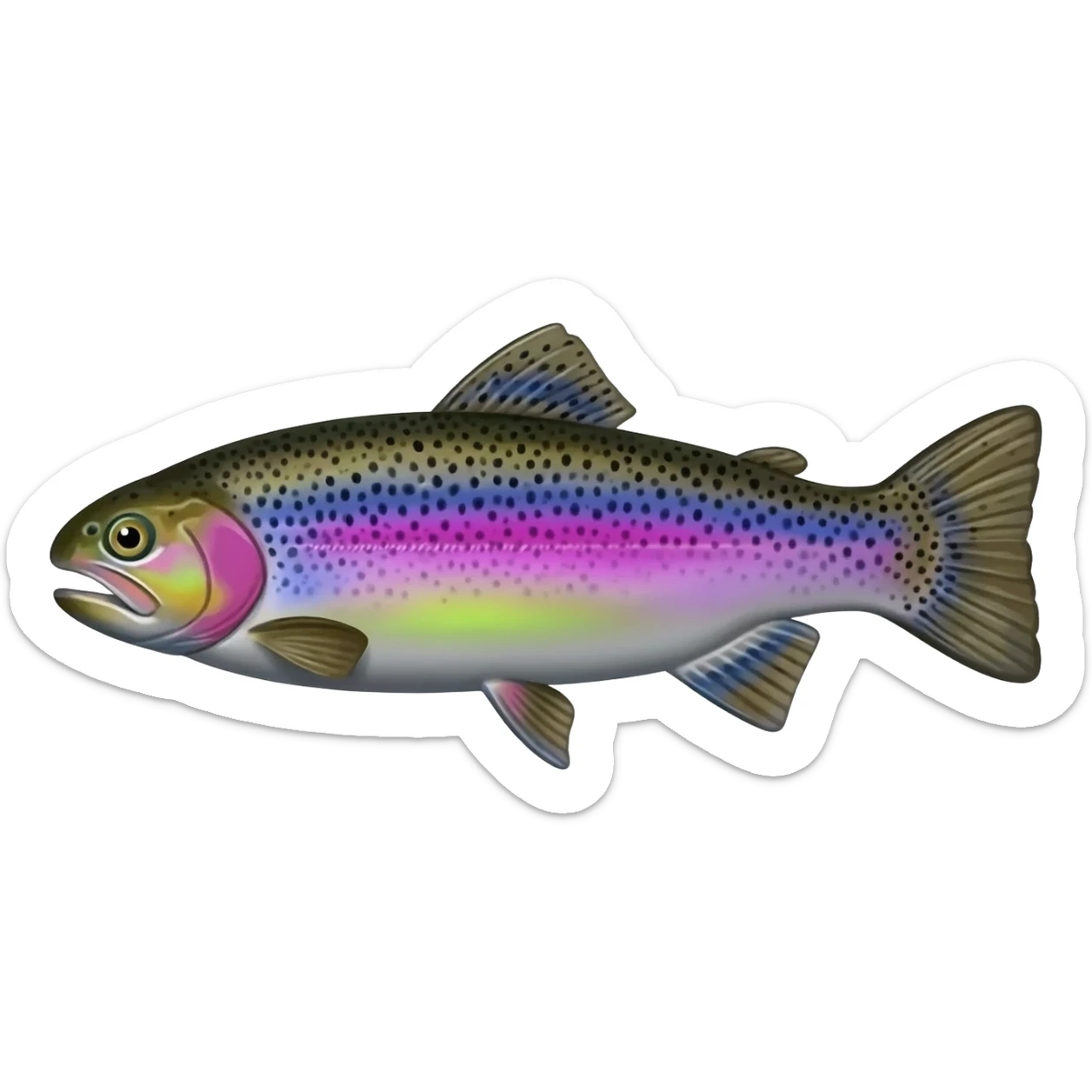 realistic rainbow trout fish bright purple blue green yellow white with black speckles sticker