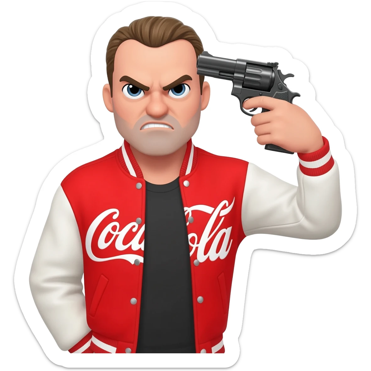 grumpy coca-cola guy with a gun on the head sticker