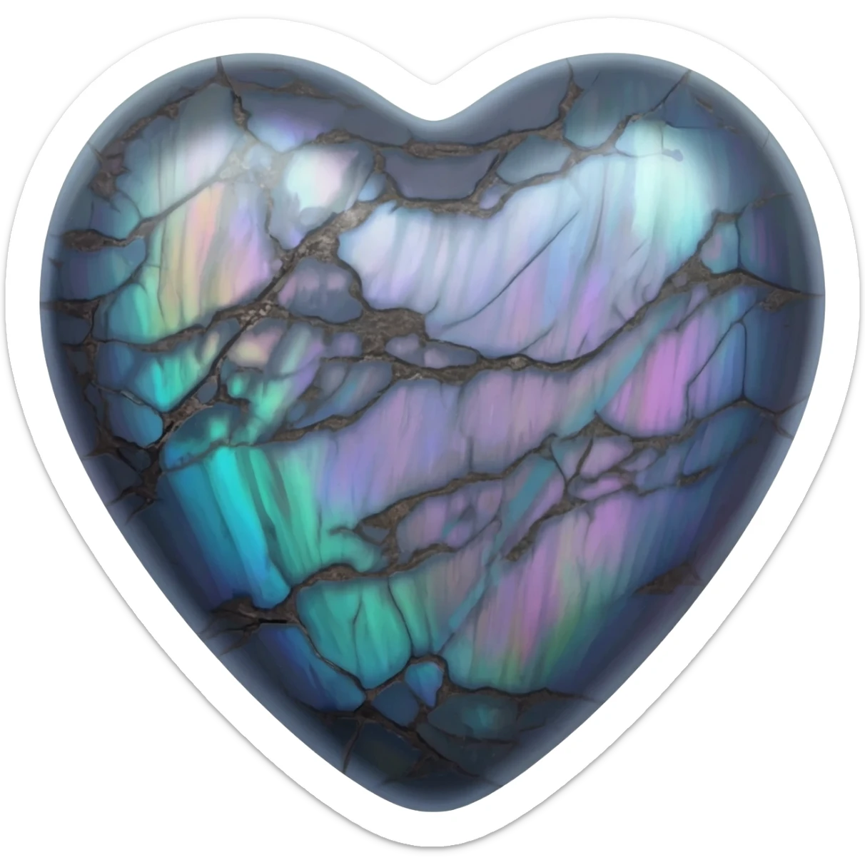 hyperrealistic highly detailed cracked shimmery Labradorite heart shape, isolated, 3d rendering sticker