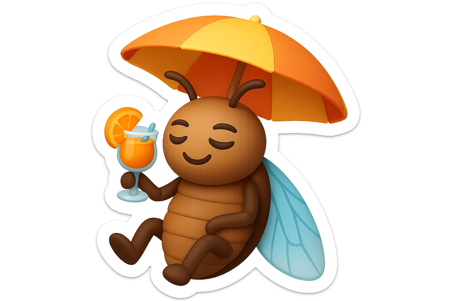 EMOJI STILE IPHONE 3D DI UNA CICALA CHE STA RILASSATA SEDUTA SOTTO L'OMBRELLONE IN SPIAGGIA CON UN COCKTAIL IN MANO sticker