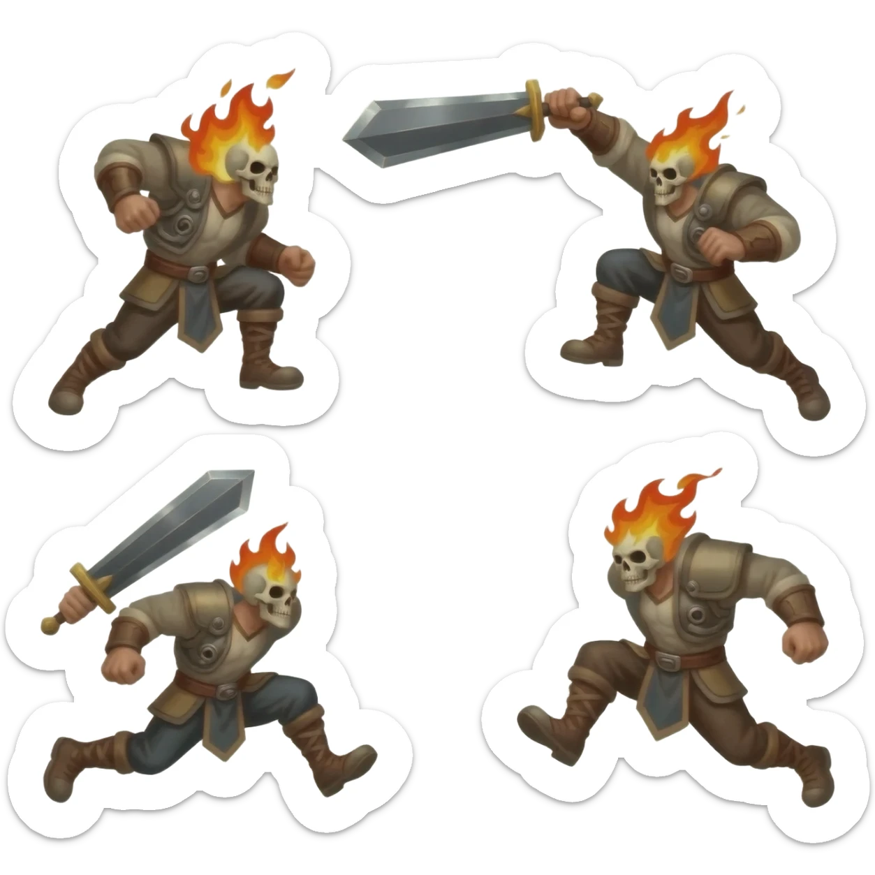 A sprite sheet of a man with a burning skull head and a large sword running, show all 4 stages of him running with no back ground, show the 4 stages of him running in a row, with changing arm and leg positions for each stage of running sticker