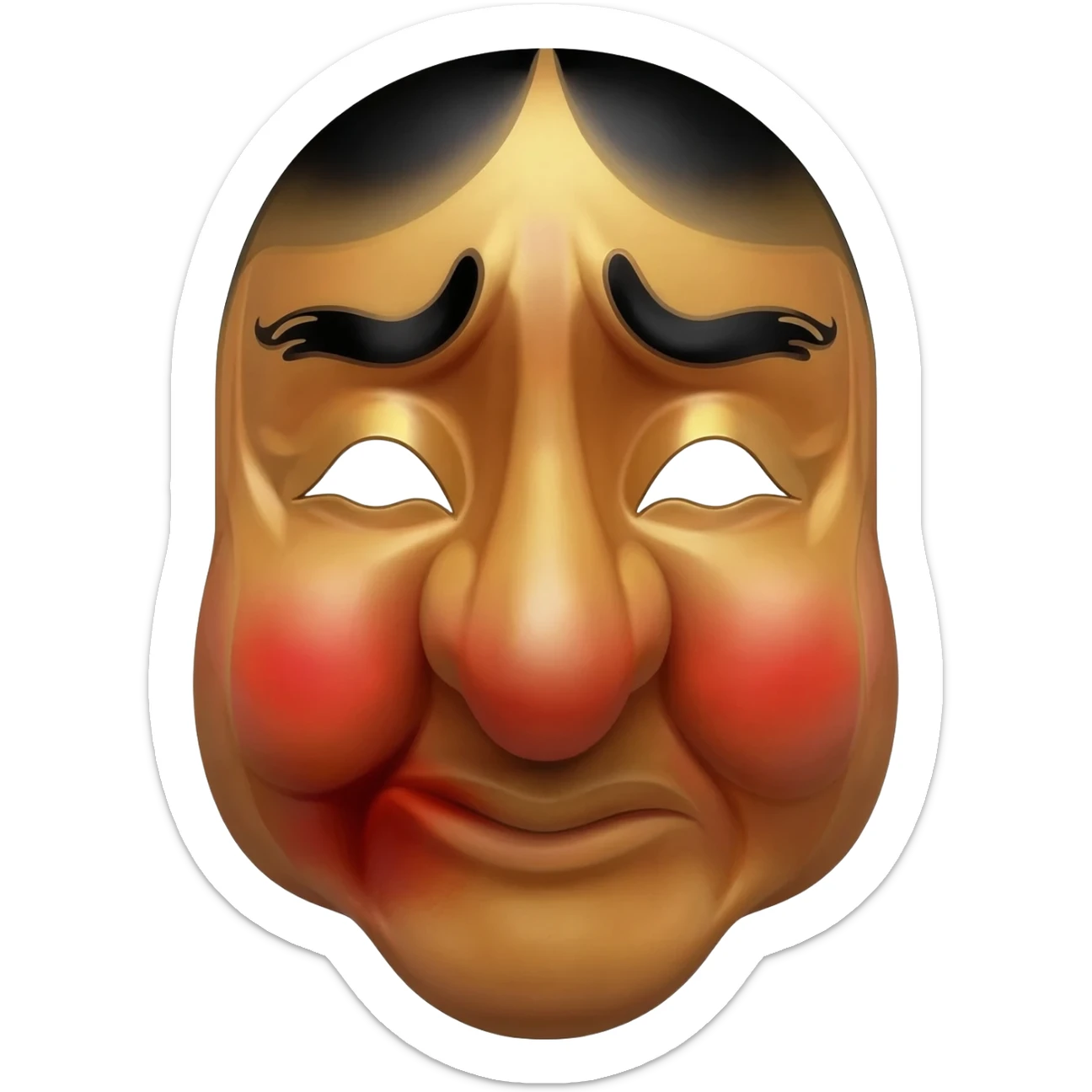 Hyottoko festival mask, a comical, puckered mouth to one side, round eyes, and a skin, rounded face, long nose sticker