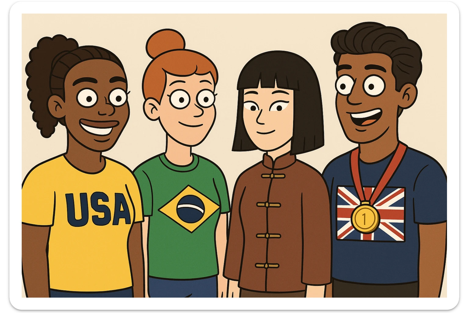 Serena Williams American shirts girl Orange bun hair a Brazil shirts boy brown Chinese shirt Chinese girl black hair United Kingdom shirt Defined Waves hair sports medal  sticker