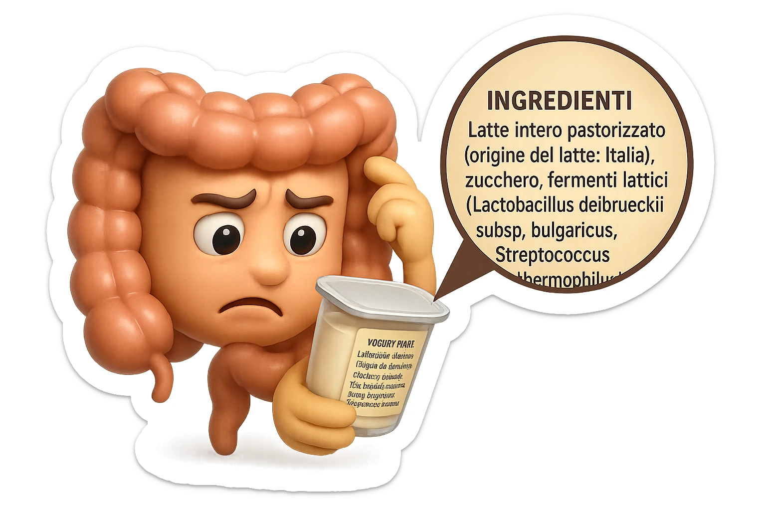 EMOJI STILE IPHONE 3D DI UN INTESTINO CHE HA IN MANO UN BARATTOLO DI YOGURT CONFEZIONATO DA SUPERMERCATO E LEGGE L'ETICHETTA NUTRIZIONALE CON GLI INGREDIENTI IN ITALIANO, ACCANTO ALLO YOGURT CHE HA IN MANO C'è UN FOCUS SULL'ETICHETTA CON GLI INGREDIENTI SCRITTI, FAGLI UN ESPRESSIONE CONFUSA MENTRE LEGGE E FALLO MOLTO REALISTICO IN 3D sticker