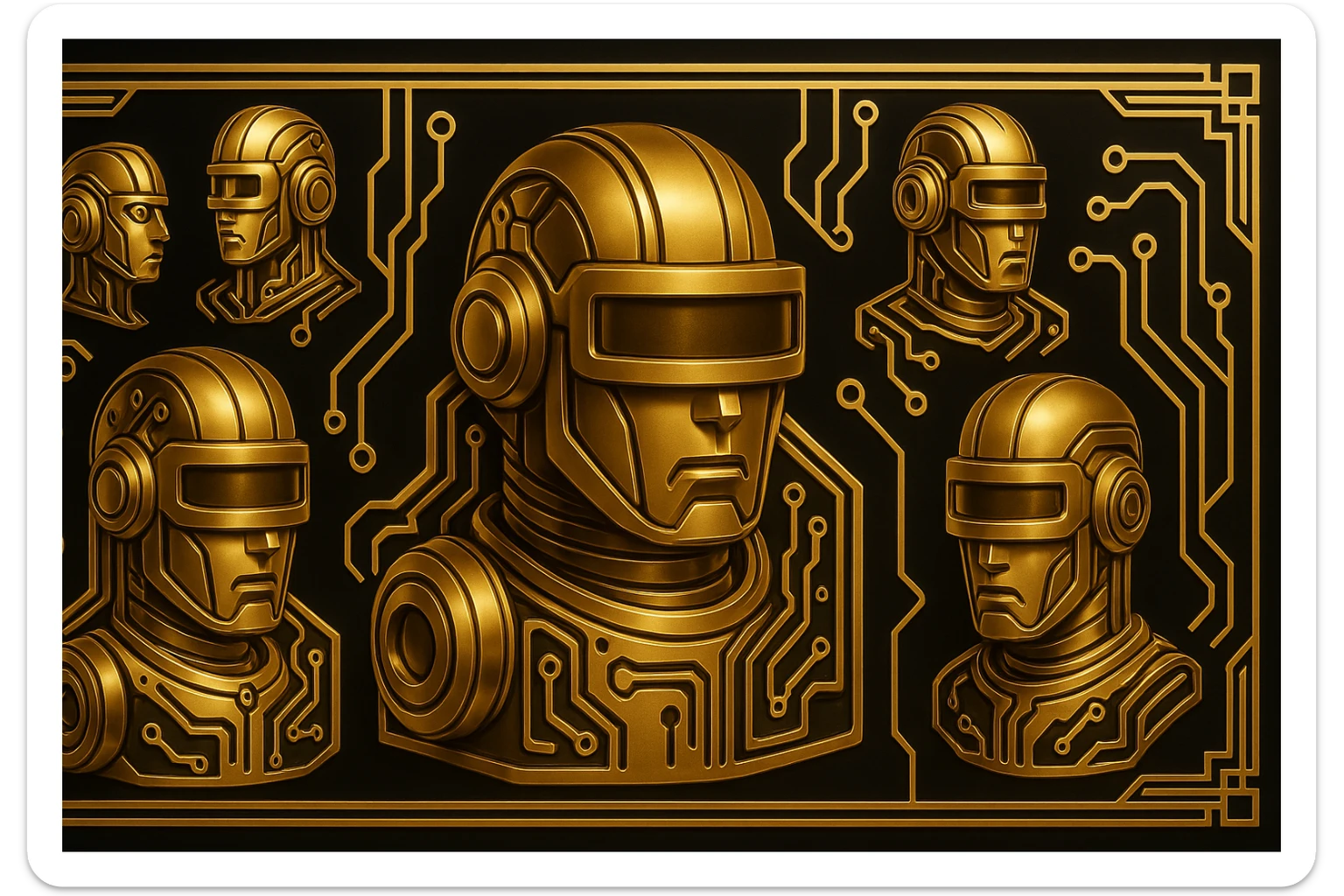 Create a 3.5:1 ratio art deco banner featuring the gold and black robot logo with stylized circuitry. Include multiple variations of the robot's head, arranged in a visually balanced way. No text, streamlined forms, bold outlines, elegant art deco details. sticker
