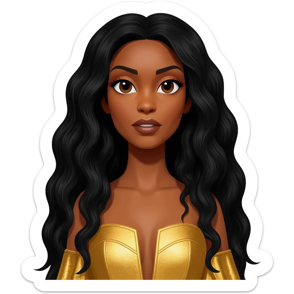 Solange with long black hair, gold outfit sticker