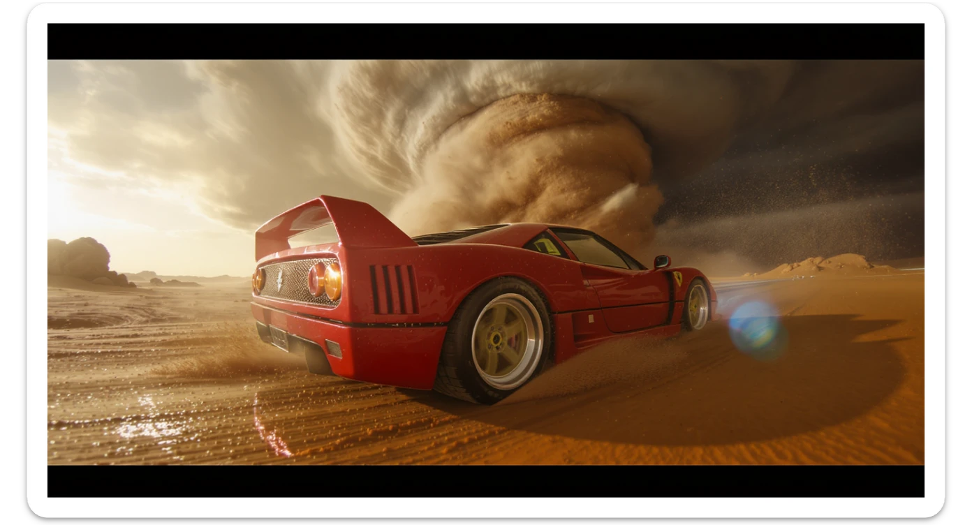 Cinematic still of a ferrari f40 around tornado od arizona desert, sun flare, captured by gopro hero with effect fisheye, water drops on car body, detailed sticker