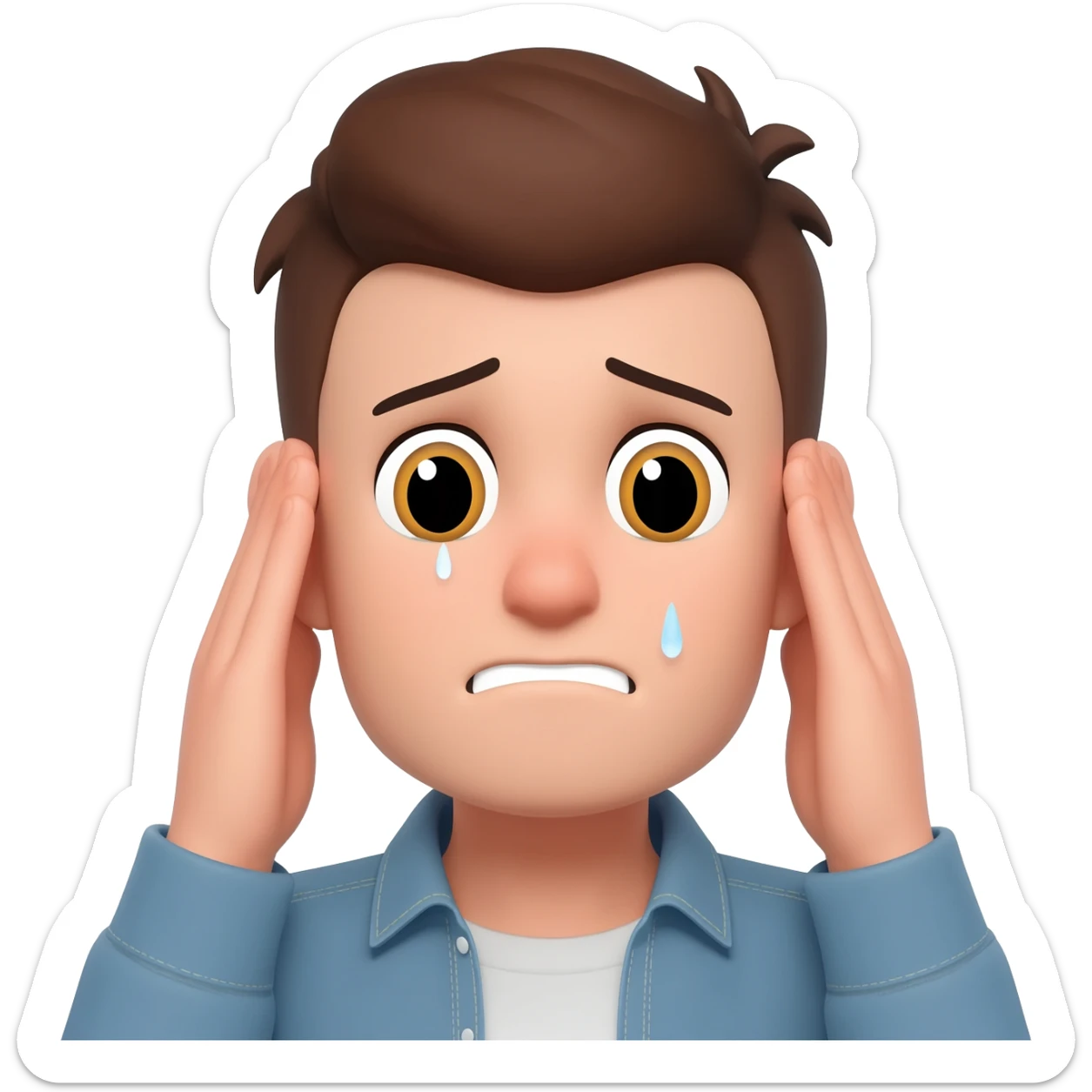 Sad emoji face holding both ears and saying sorrysaying sorry sticker