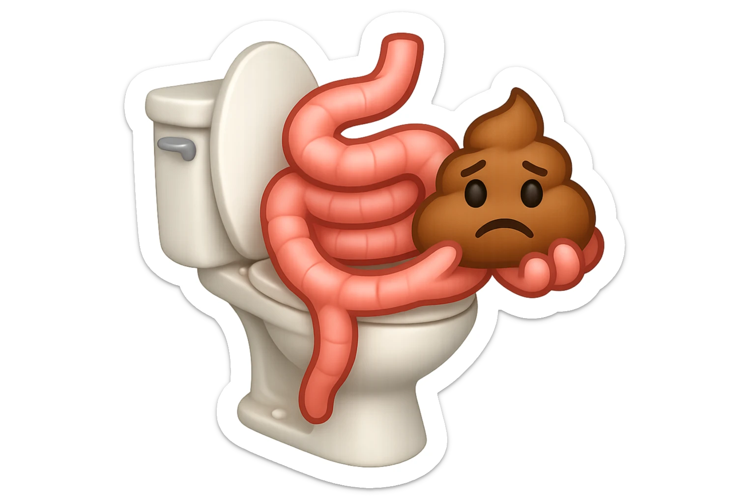emoji stile iphone di un intestino che esce dal wc con in mano una montagnetta di feci con espressione triste a palline sticker
