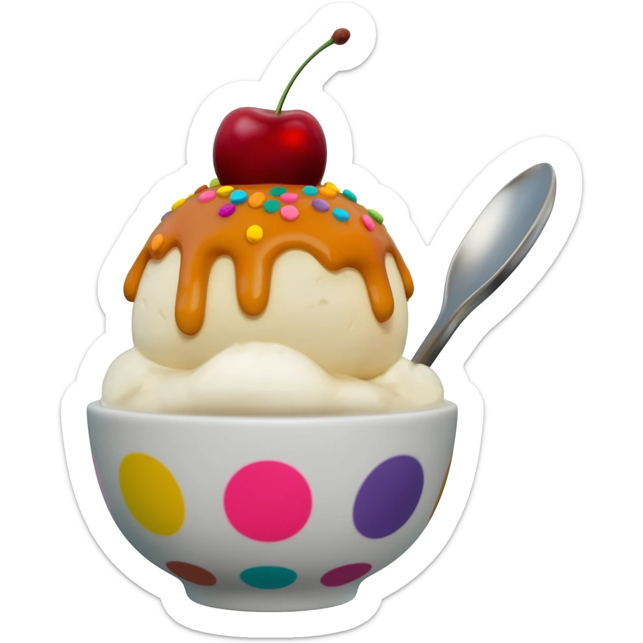 Hyperrealistic ice-cream sundae with caramel sauce, colorful and sparkly sprinkles,  with a cherry on top, in a plauful patterrned bowl and silver spoon, extremely detailed, high quality, isolated, 3D rendering, 8k hd, 600 dpi. No emoji icons, no emoji faces, no human figures  sticker