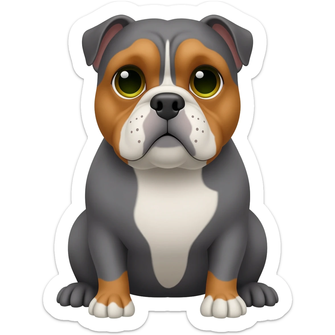 senior gray English bulldog, with caramel details in eyebrows, white details in face, white chest, sitting in his paws. eyes are green/honey color sticker