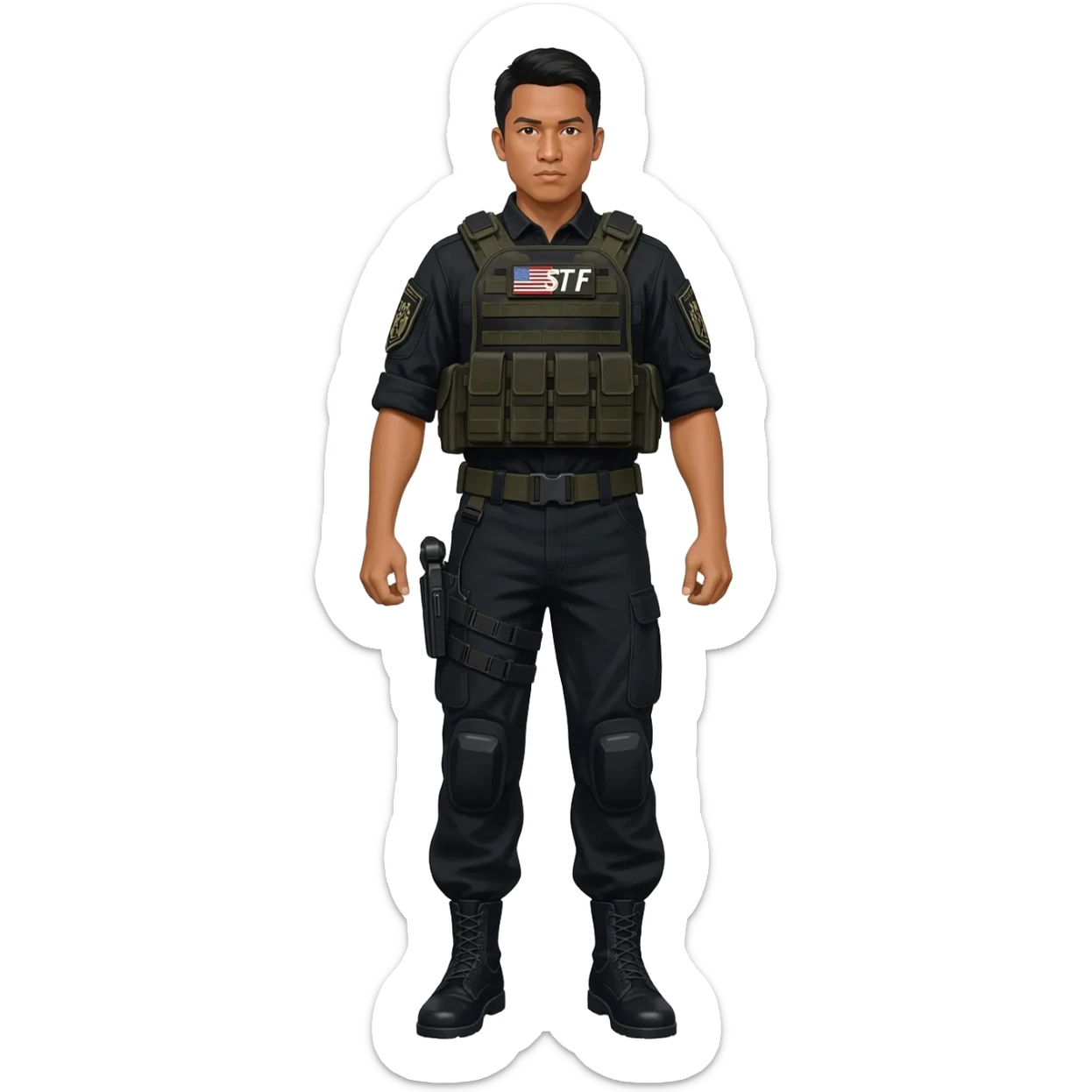 Filipino man STF SPECIAL TACTICS FORCE OUTFIT BLACK FATIGUE AND COMBAT BOOTS PLATE CARRIER AND HOLSTER sticker