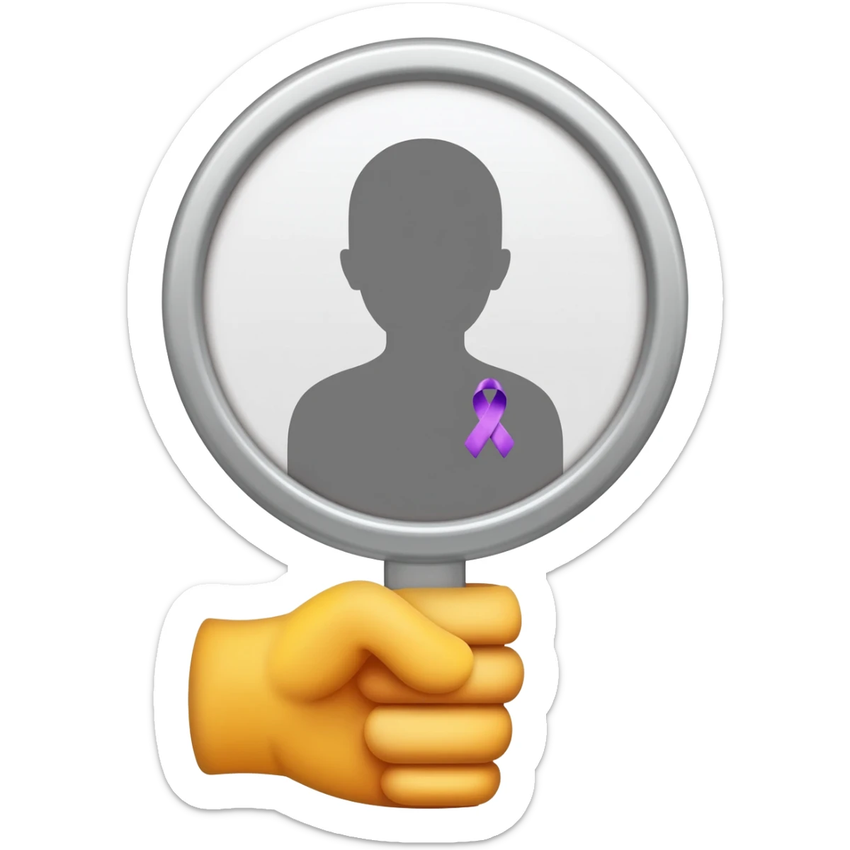 Apple iOS–style 3D emoji: round silver mirror in a hand, front view. In reflection, neutral silhouette with little violet awareness ribbon (classic looped cause-support ribbon) on chest, only visible in reflection. White background, soft shadow. sticker