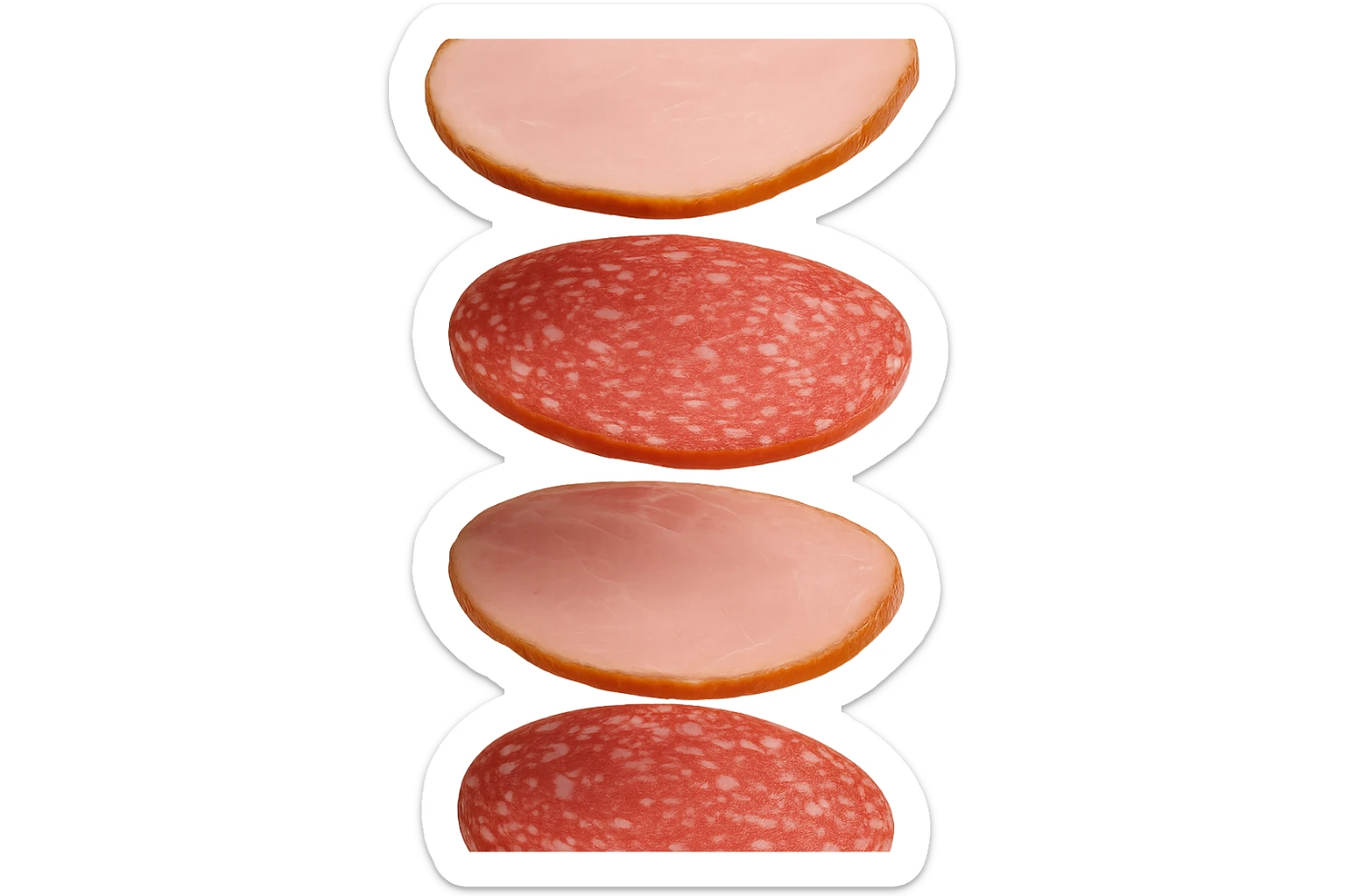 fettine di prosciutto cotto e di salame fluttuano in aria verticalmente, IPERREALISTICA 4K sticker