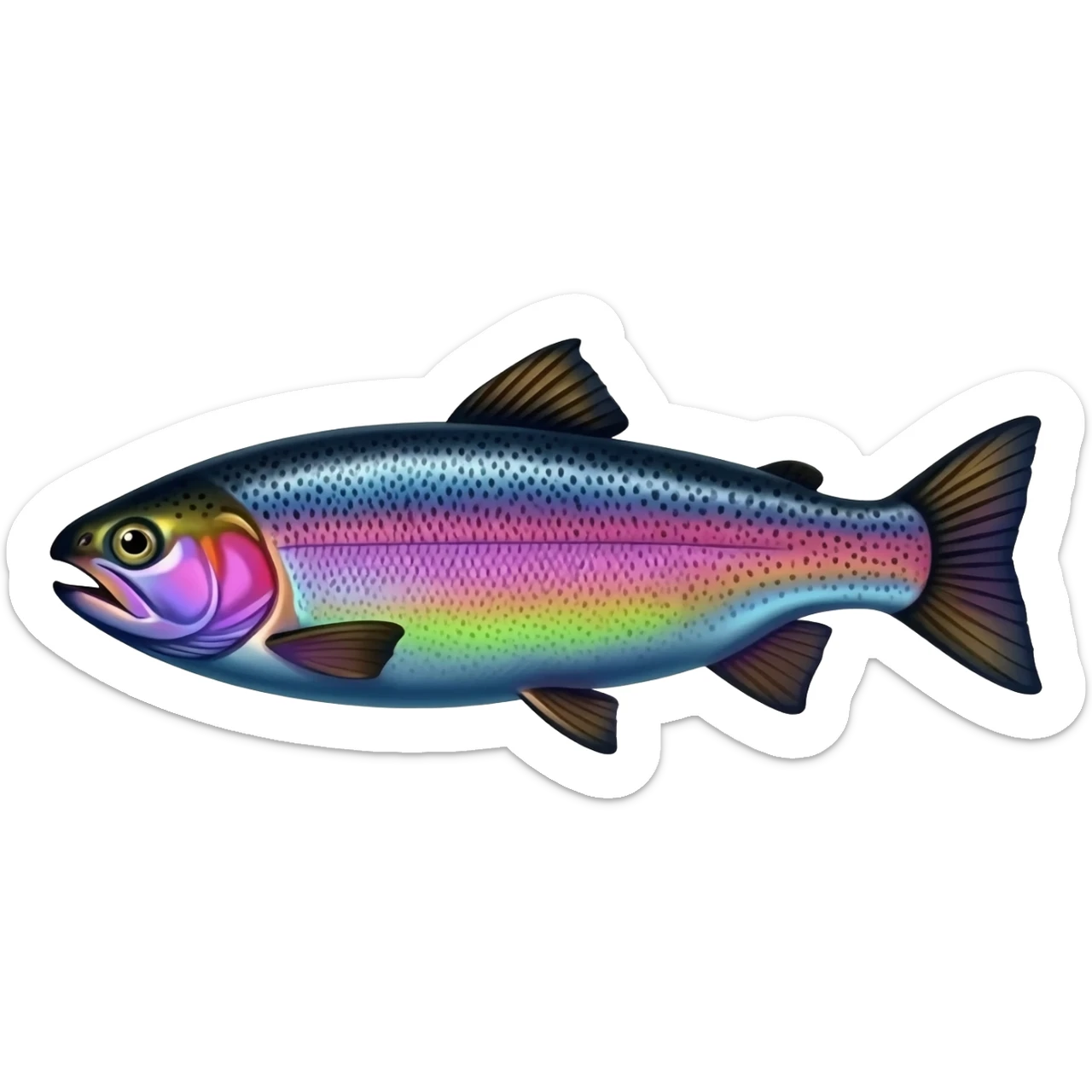 realistic rainbow trout fish bright purple blue green yellow white with black speckles sticker