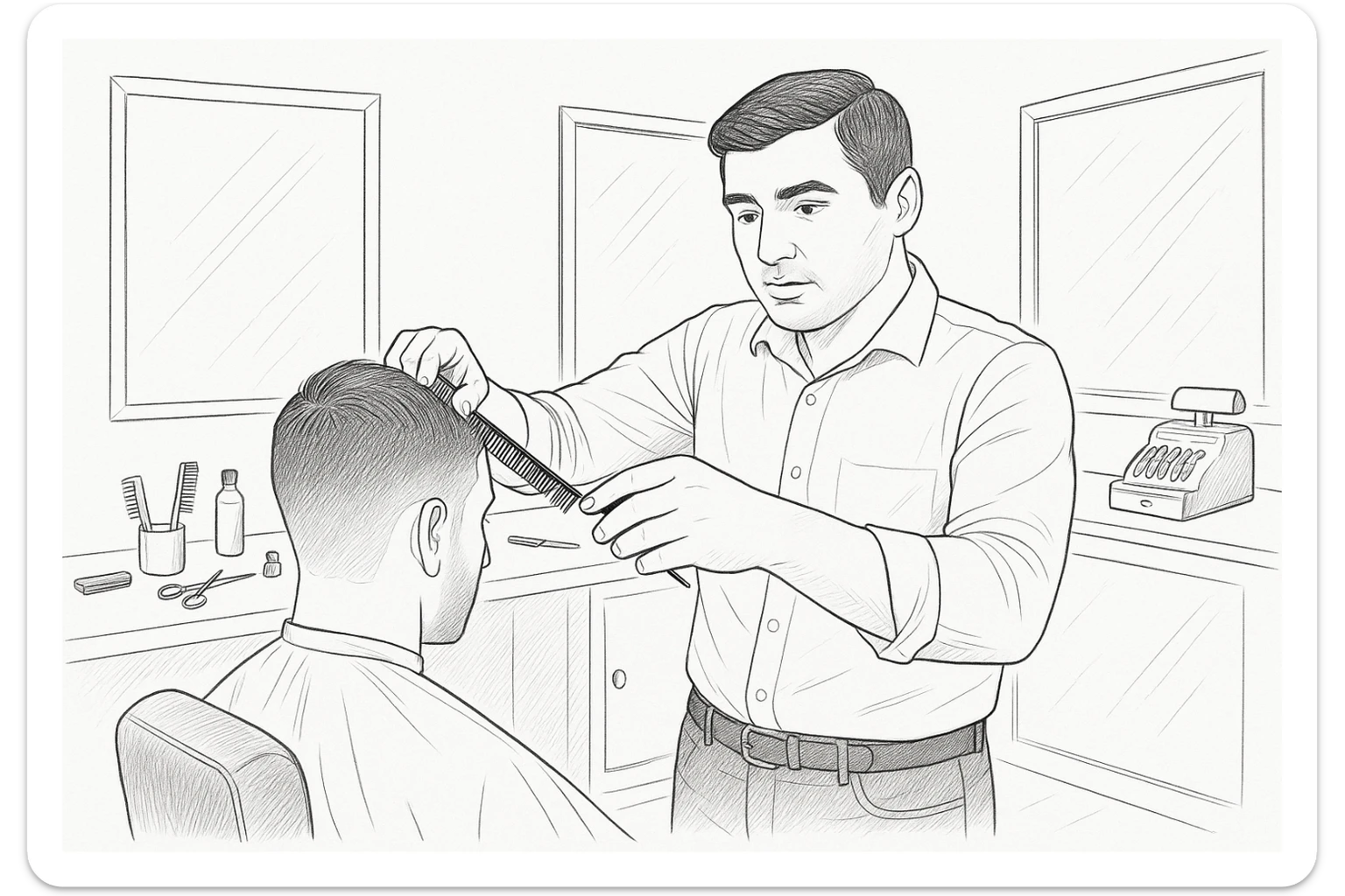 Draw me a sketch of the barbershop, but make sure there's a cash register there. sticker