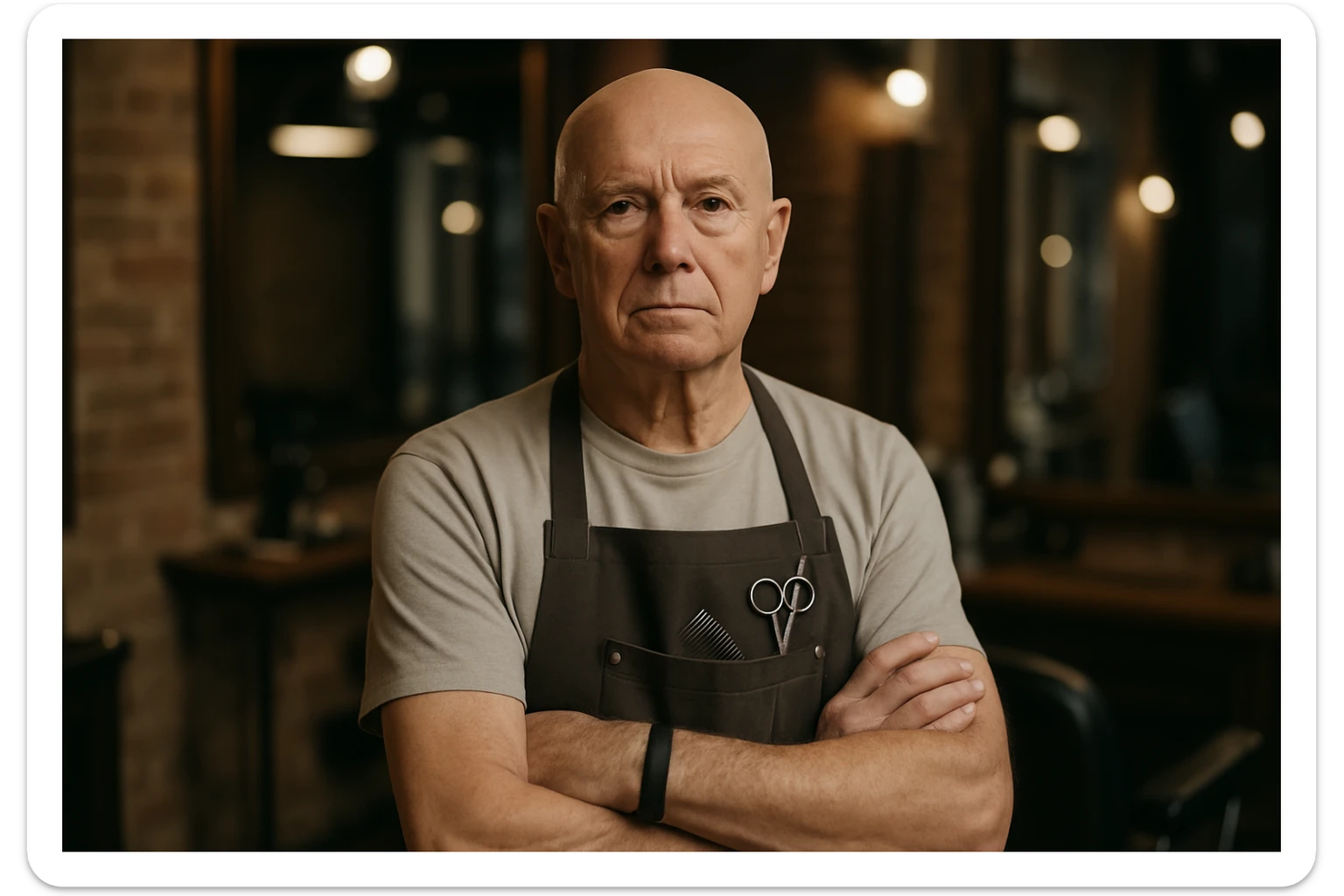 huddi shu odamni qariroq va soch soqolsiz tasvirlab ber o'zgartirib realistik qilib orqa fon sartaroshxona belidan sal pastroqqacha  sticker