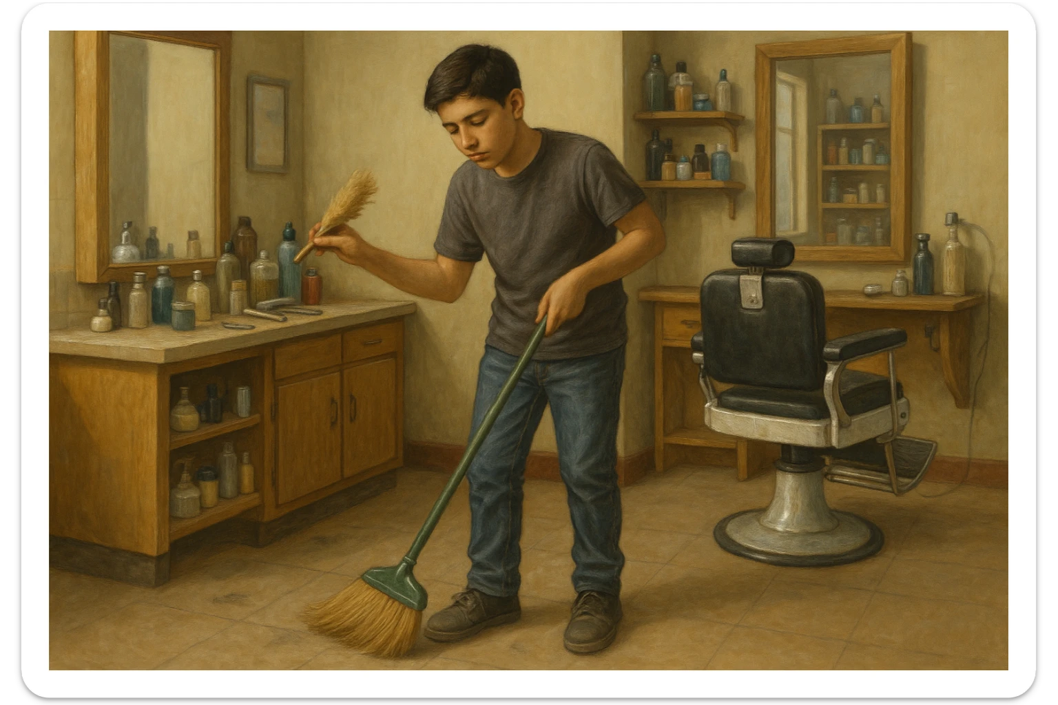 sartaroshxonani tozalayotgan o'smirin bola juda  yosh ham emas katta ham supir sudir qilaytgani narsalarni tozalayotgani  
 sticker