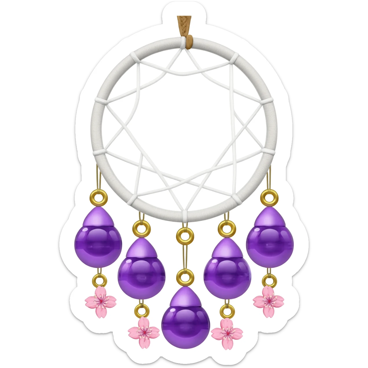 A white-wooden-circle-framed Dreamcatcher. with purple-round-orbs, gold-rings hanging down. purple flowers, pink sakura flowers, sticker