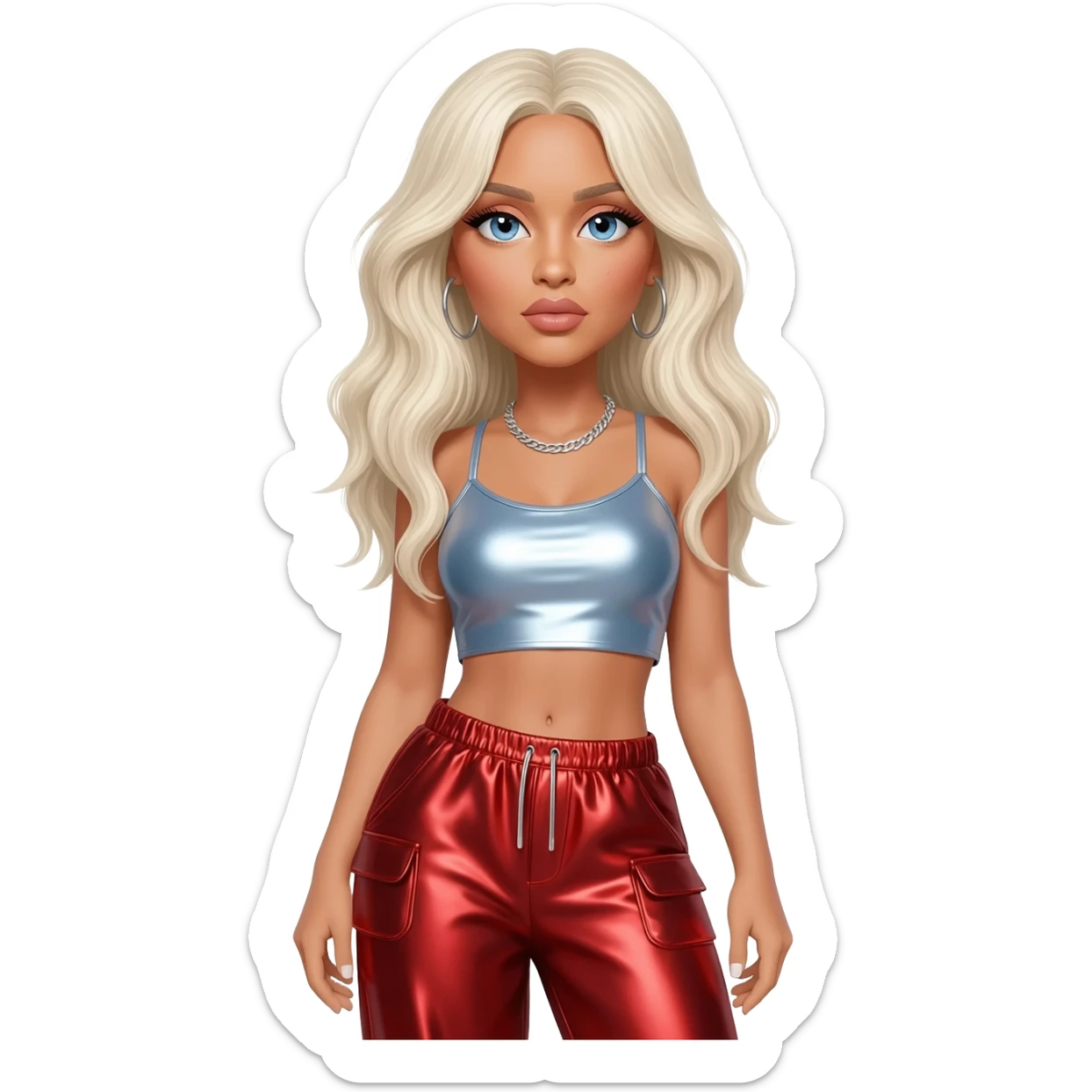 Christina Aguilera with blue eyes, long platinum blonde hair, light steel blue metallic crop top, red metallic baggy pants, silver necklace sticker