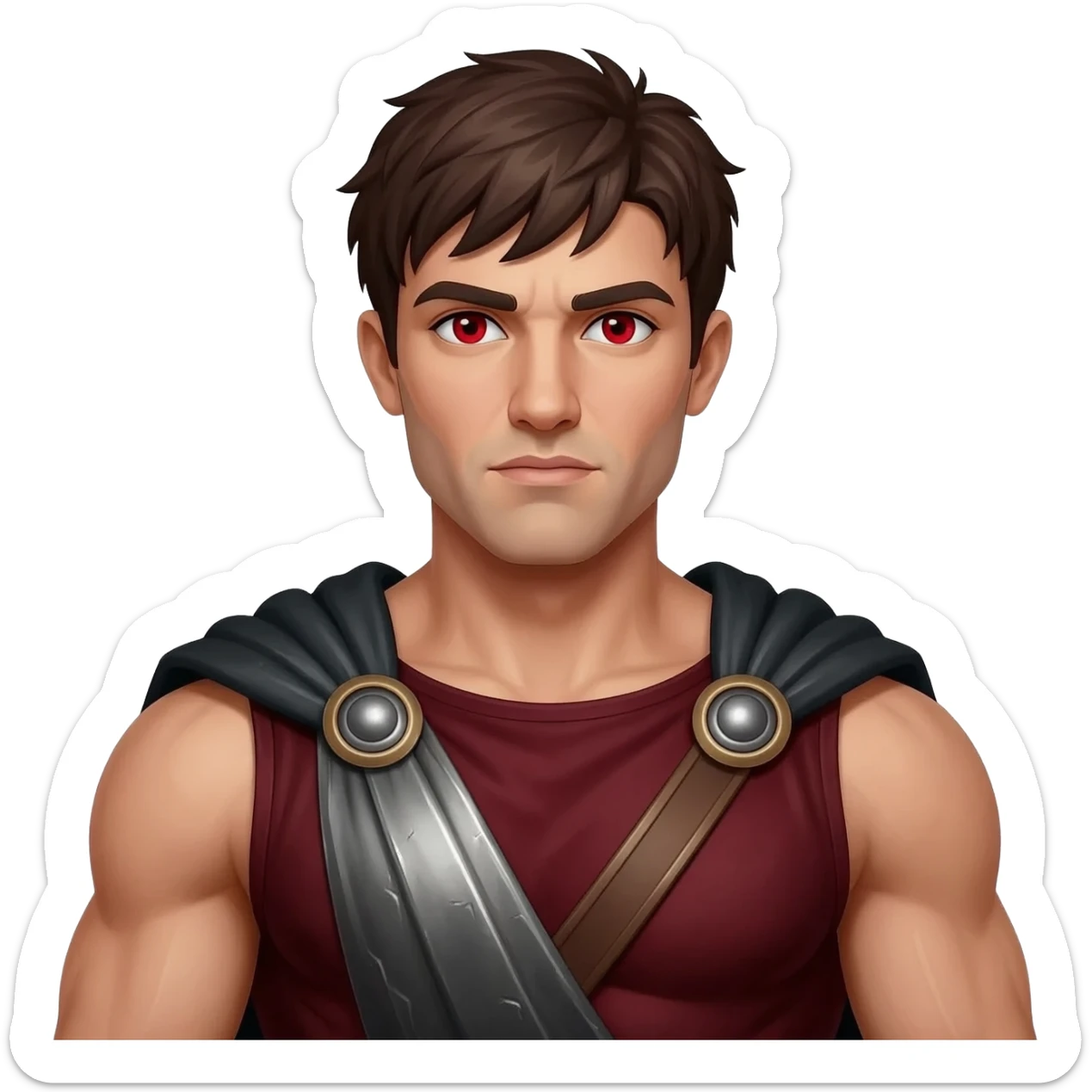 Ares from Greek Mythology with red eyes, dark brown hair, dark red metallic tunic, black metallic toga sticker