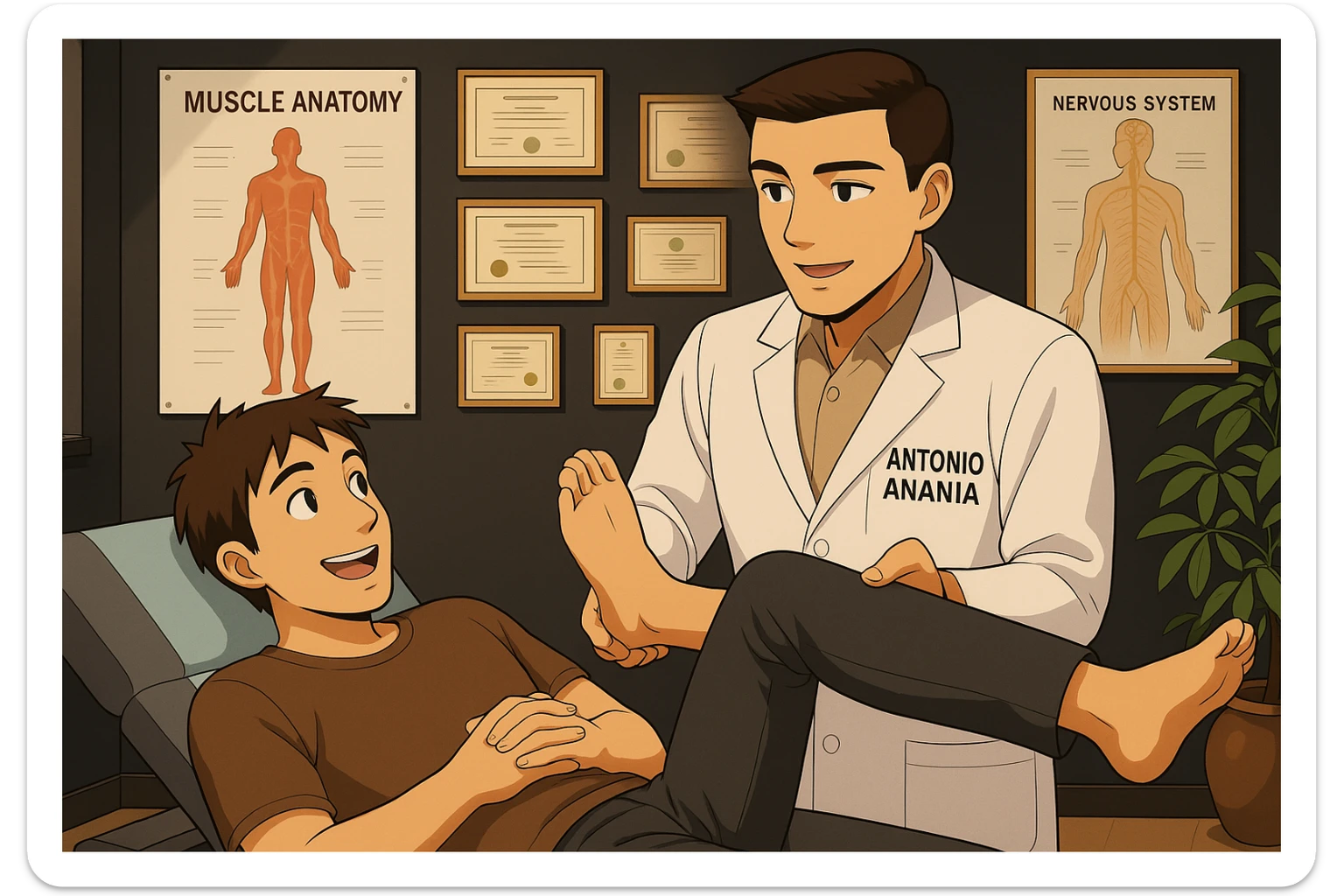 su questo lettino rappresenta un webtoon manga a colori con questo stile, in cui un uomo è steso sul lettino medico e il kinesiologo con il camice bianco (fagli anche la scritta "ANTONIO ANANIA" SUL CAMICE, gli solleva una gamba per fargli il test neuromuscolare, IL KINESIOLOGO SPIEGA ALL'UOMO UNA cosa mentre gli alza la gamba. l'espressione dell'uomo è felice e soddisfatta, non fare i fumetti però, fai solo in modo che sembri stiano parlando sticker