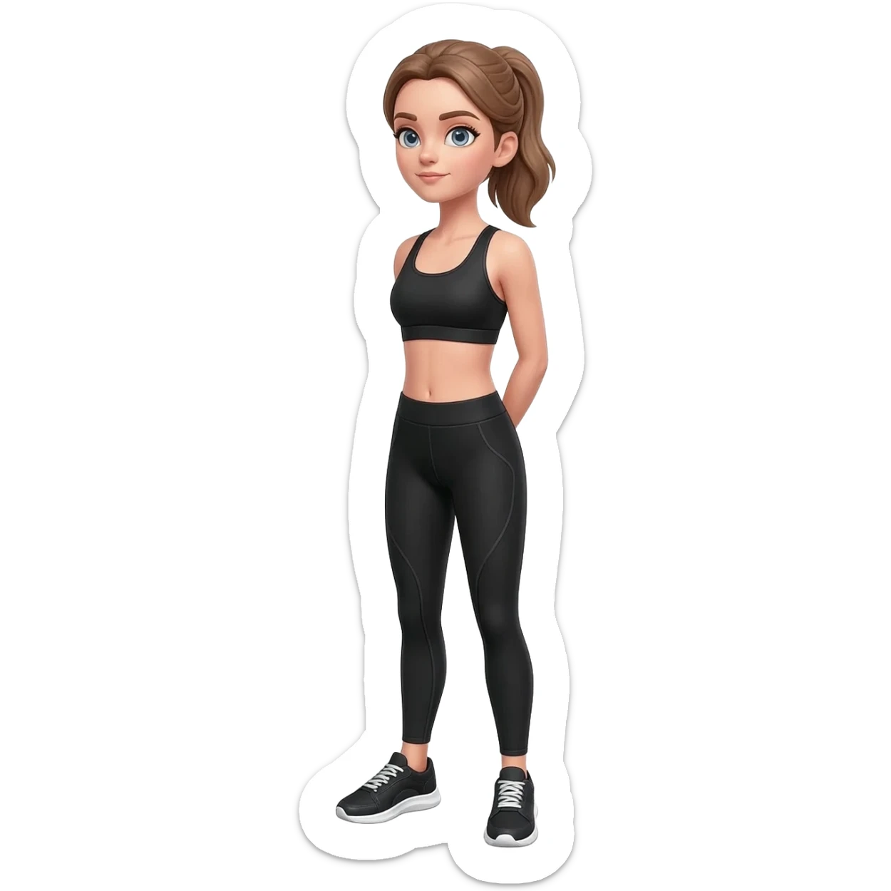 upper back stretch after desk work, fair-skinned woman, gray-blue eyes, ash brown brows, ash light brown hair tied back, slim athletic body, black workout set, black sneakers with white soles sticker