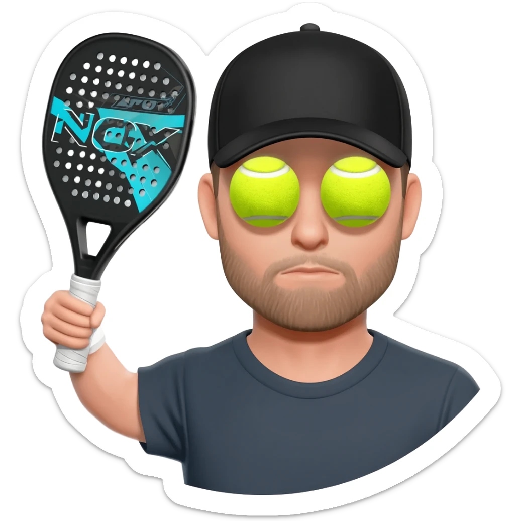 make a circular imogi of man with NOX padel bat with tennis balls as eyes and wearing a cap with black  top make circular sticker