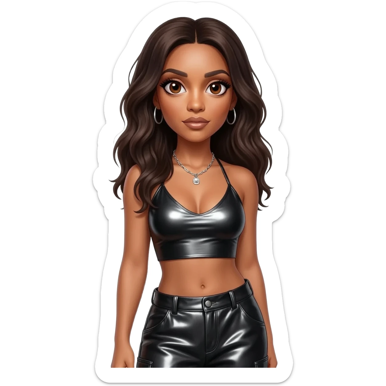 Aaliyah with brown eyes, long dark brown hair, black metallic halter crop top, black metallic baggy pants, silver necklace sticker