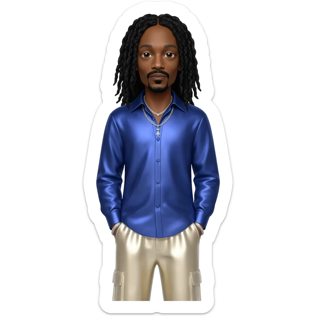 Snoop Dogg with long black hair, indigo metallic shirt, cream metallic baggy pants, silver necklace sticker