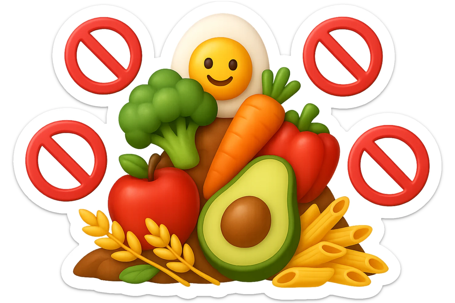 EMOJI STILE IPHONE DI UNa montagna di cibo sano con divieti 3d sparsi, IPERREALISTICO 4K sticker