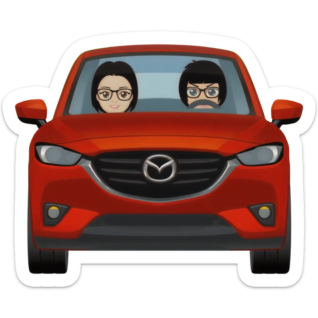 camioneta mazda cx 5 roja con una conductora mujer con lentes, cabello negro y un copiloco de pelo corto negro y lentes, todo en caricatura sobre una avenida principal con paisaje verde sticker
