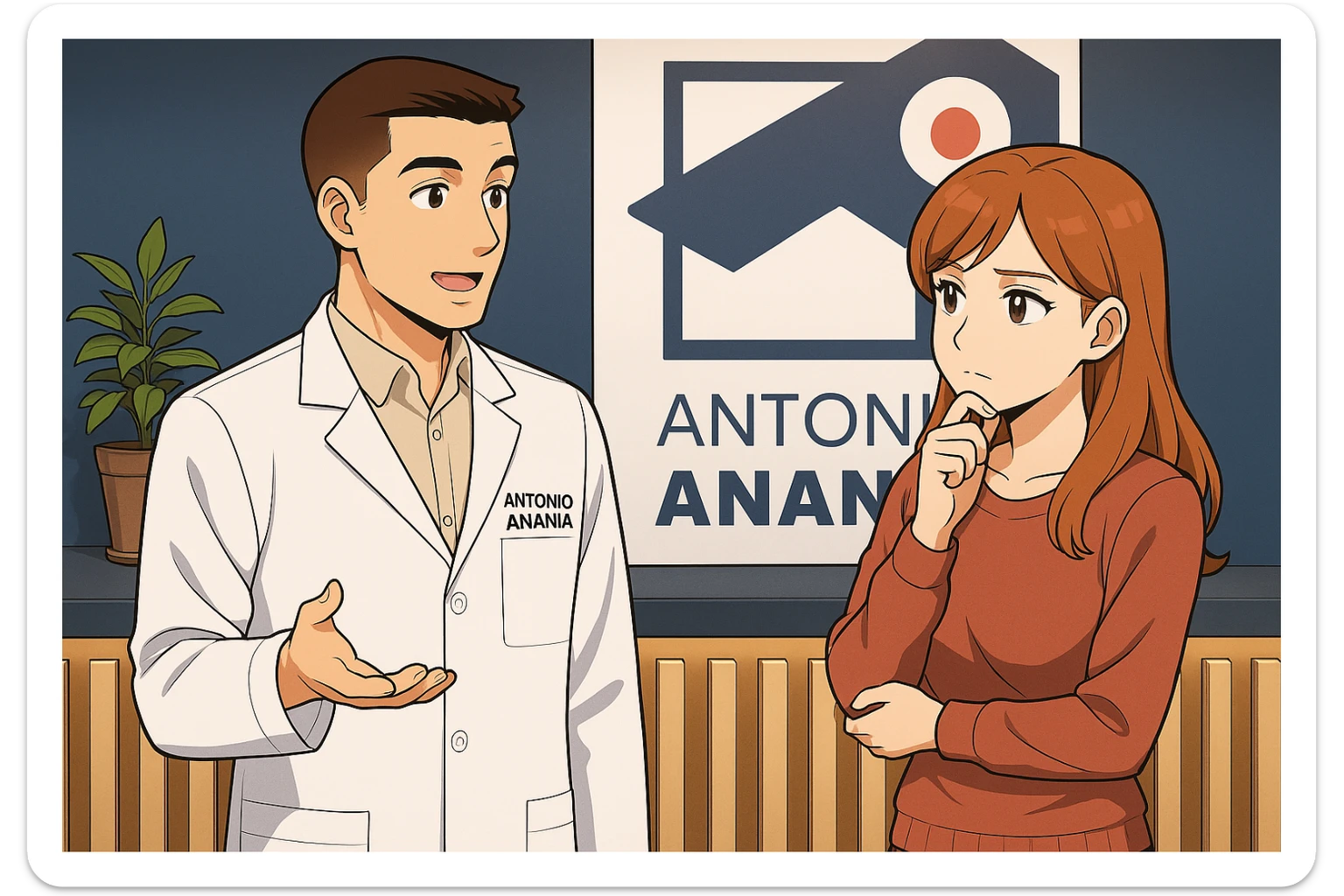 su questo stile fai un manga/webtoon a colori in cui una donna SI TOCCA IL MENTO CON L'INDICE MENTRE ASCOLTA PENSIEROSA L'UOMO, l'uomo della foto in stile manga LE SPIEGA CHE DEVE PROVARE LA SUA VALUTAZIONE MEDICA, mantieni un ambiente simile alla foto che ho allegato con il suo logo (sarebbe il suo studio, lui è un kinesiologo), scrivigli "ANTONIO ANANIA" sul camice bianco, non mettere fumetti, ma fai in modo che sembri che la donna ASCOLTI l'uomo sticker